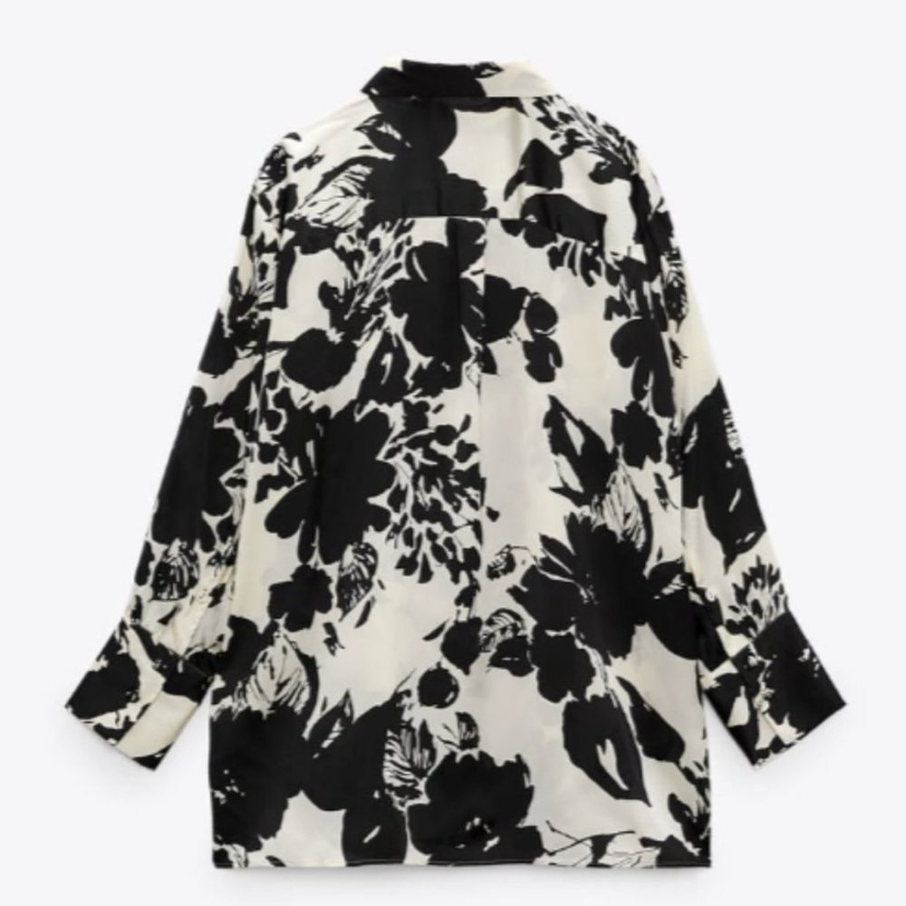 Zara Floral Print Button Down Silk Shirt in Ecru / Black Size M - Picture 15 of 16